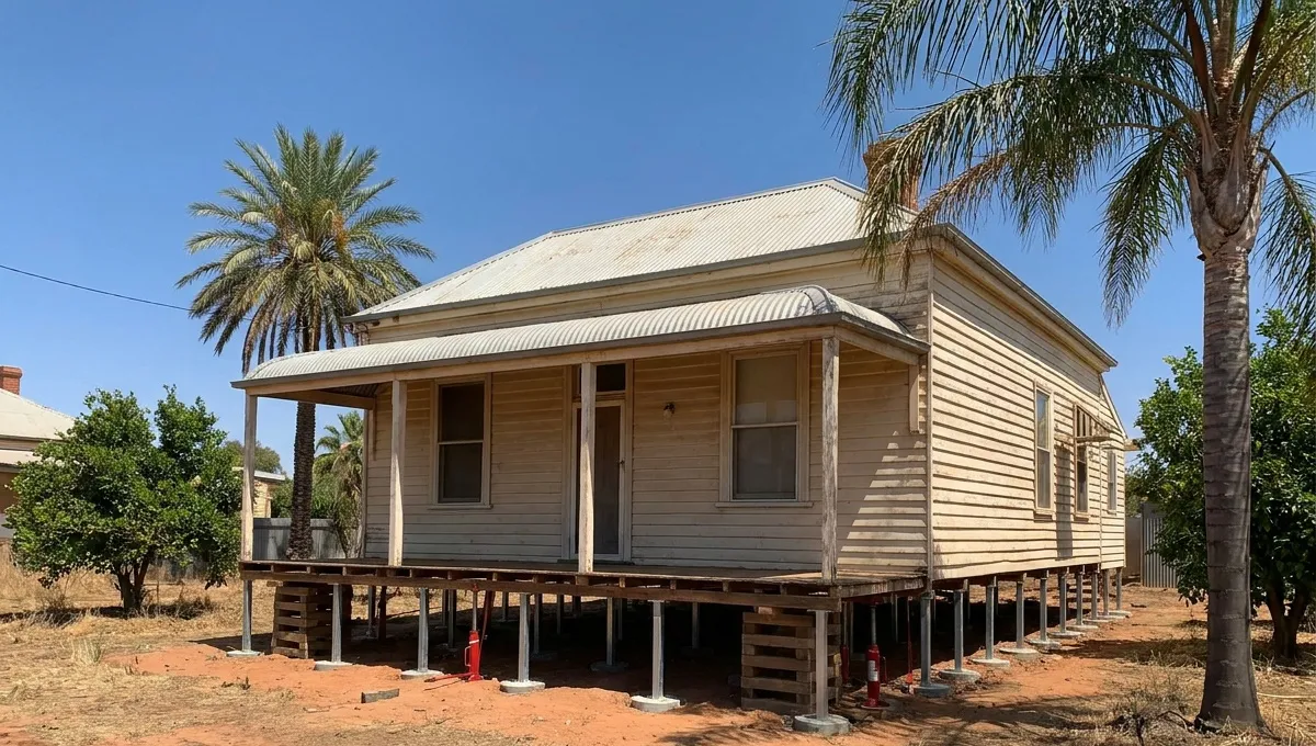 Older weatherboard house in a Sunraysia town raised on timber cribbing with new galvanised steel stumps under the bearers